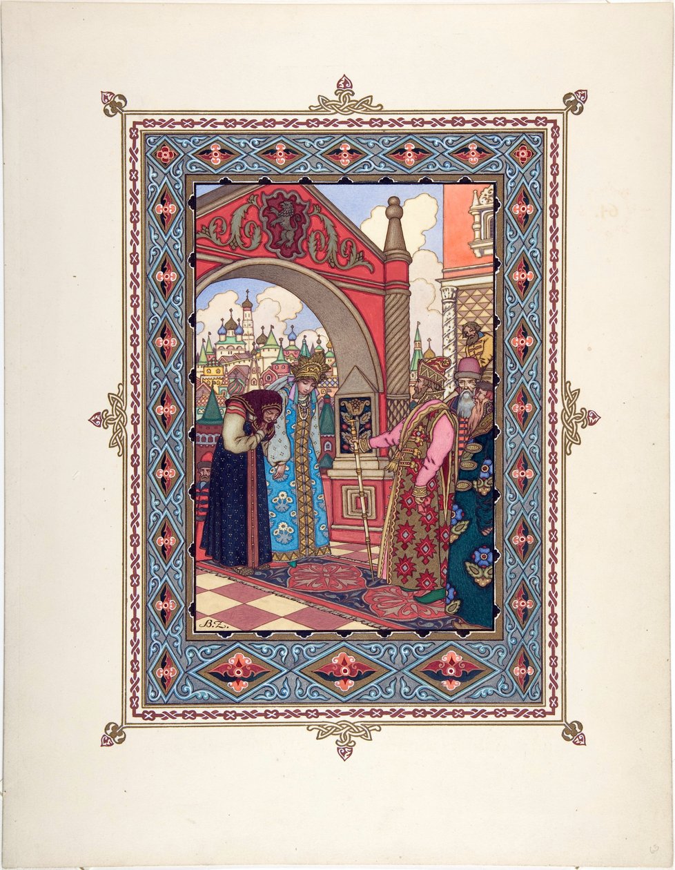 Vassilissa la Belle (Vassilissa la tres Belle) - Illustration till sagan Vasilisa den vackra par Zvorykin, Boris Vasilievich (1872-efter 1935), ca. 1925 - Färglitografi, 27,3x20,5 - Privat samling av Boris Vasilievich Zvorykin