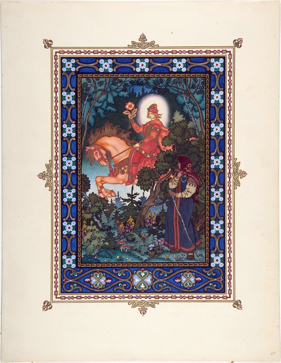 Vassilissa la Belle (ou Vassilissa la tres belle) - Illustration till sagan Vasilisa den vackra par Zvorykin, Boris Vasilievich (1872-efter 1935), ca. 1925 - Färglitografi, 27,3x20,5 - Privat samling av Boris Vasilievich Zvorykin