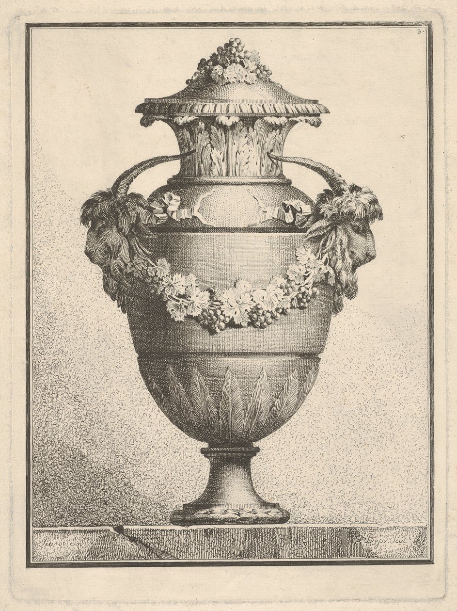 Design för en täckt vas med två gethuvuden och en girlang, 1764. av Bossi