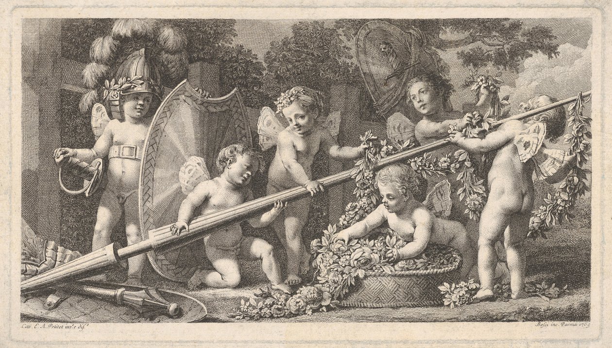 Sex putti leker med Mars armar, fyra håller i en stor lans, en till vänster ..., 1769. av Bossi