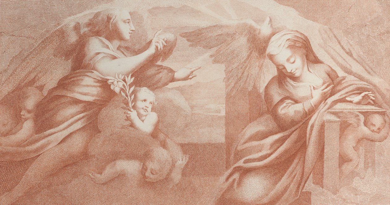 Bebådelsen, med Gabriel till vänster och Jungfrun till höger, 1784. av Bossi