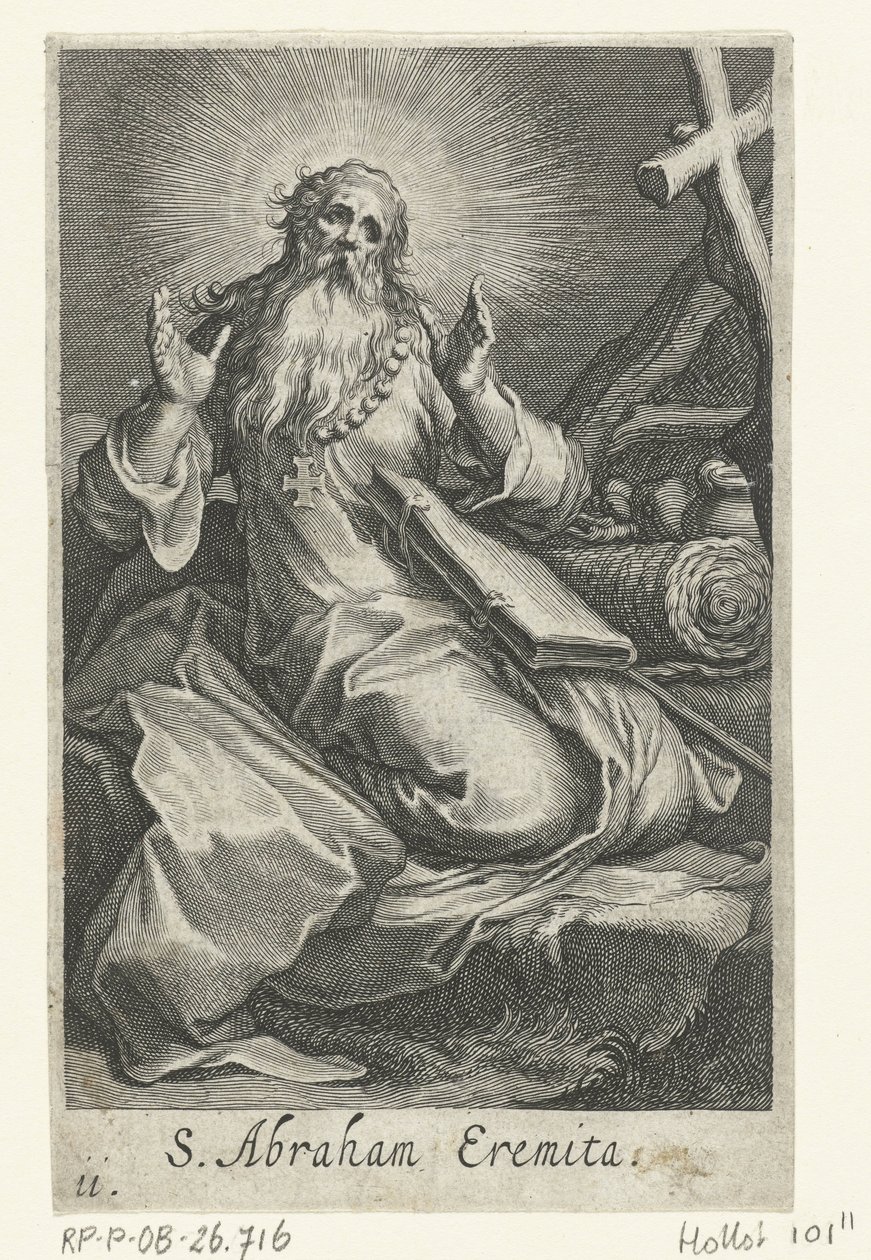 Den helige Abraham av Edessa som eremit S. Abraham Eremita (titel på objekt) Eremiter (serietitel) Sacra eremvs ascetarvm (serietitel) av Boëtius Adamsz. Bolswert