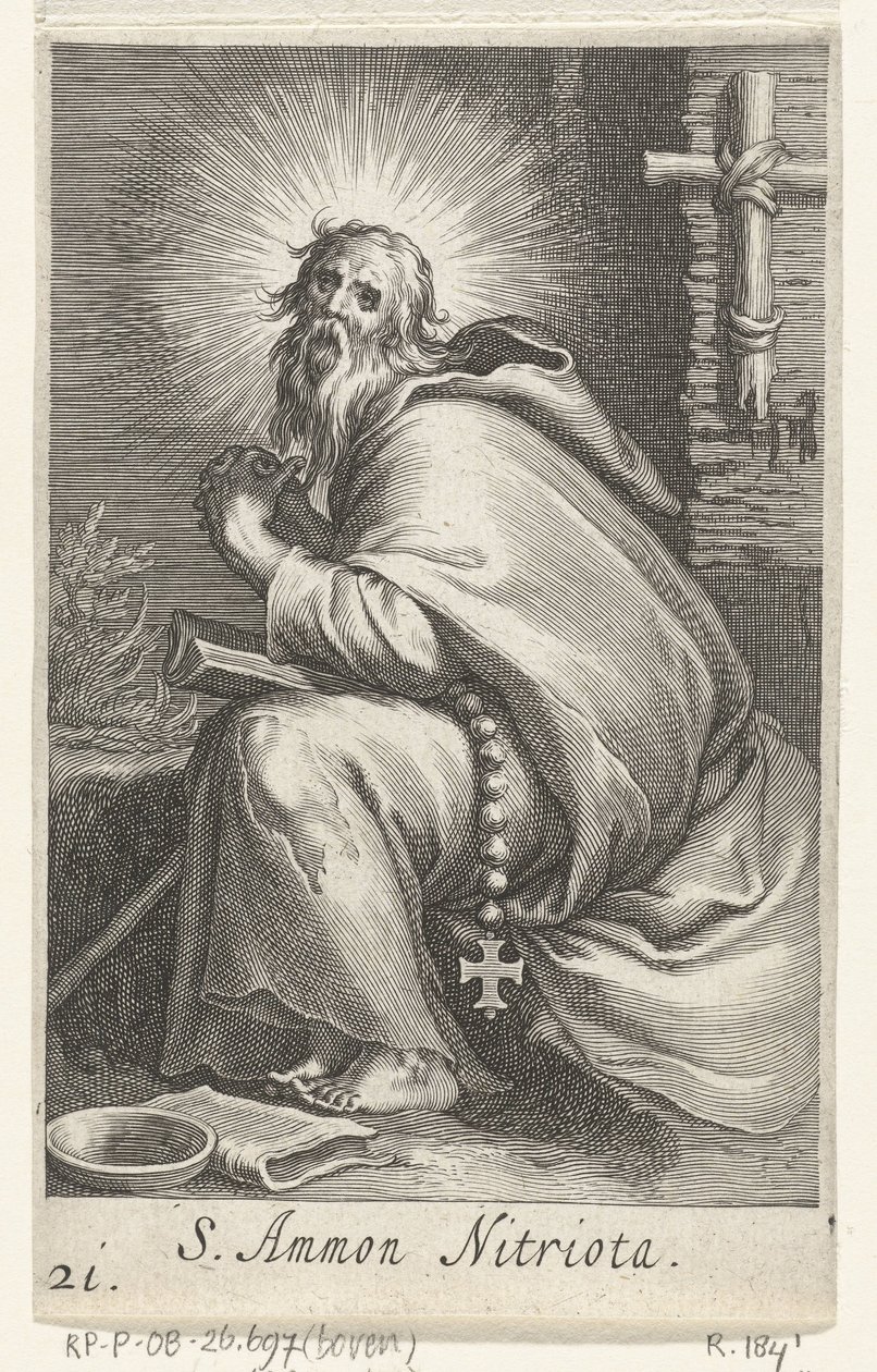 Sankt Ammonius den store som eremit S. Ammon Nitriota (titel på objekt) Eremiter (serietitel) Sacra eremvs ascetarvm (serietitel) av Boëtius Adamsz. Bolswert