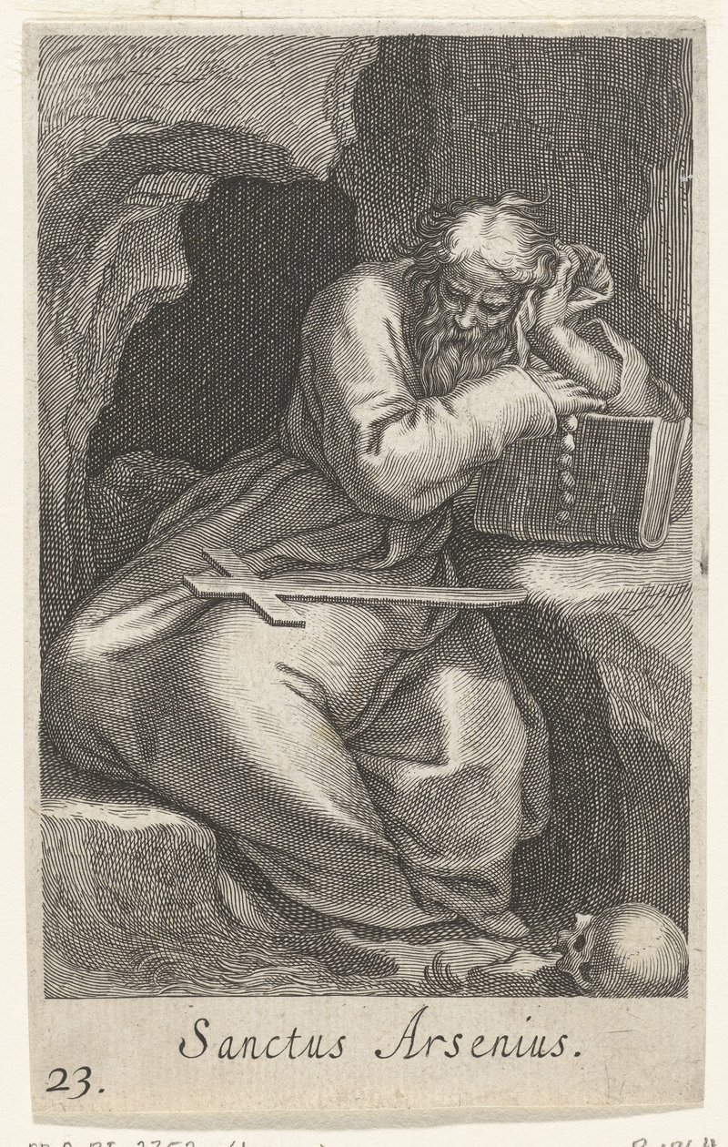 Sankt Arsenius den store som eremit Sanctus Arsenius (titel på objekt) Eremiter (serietitel) Sacra eremvs ascetarvm (serietitel) av Boëtius Adamsz. Bolswert