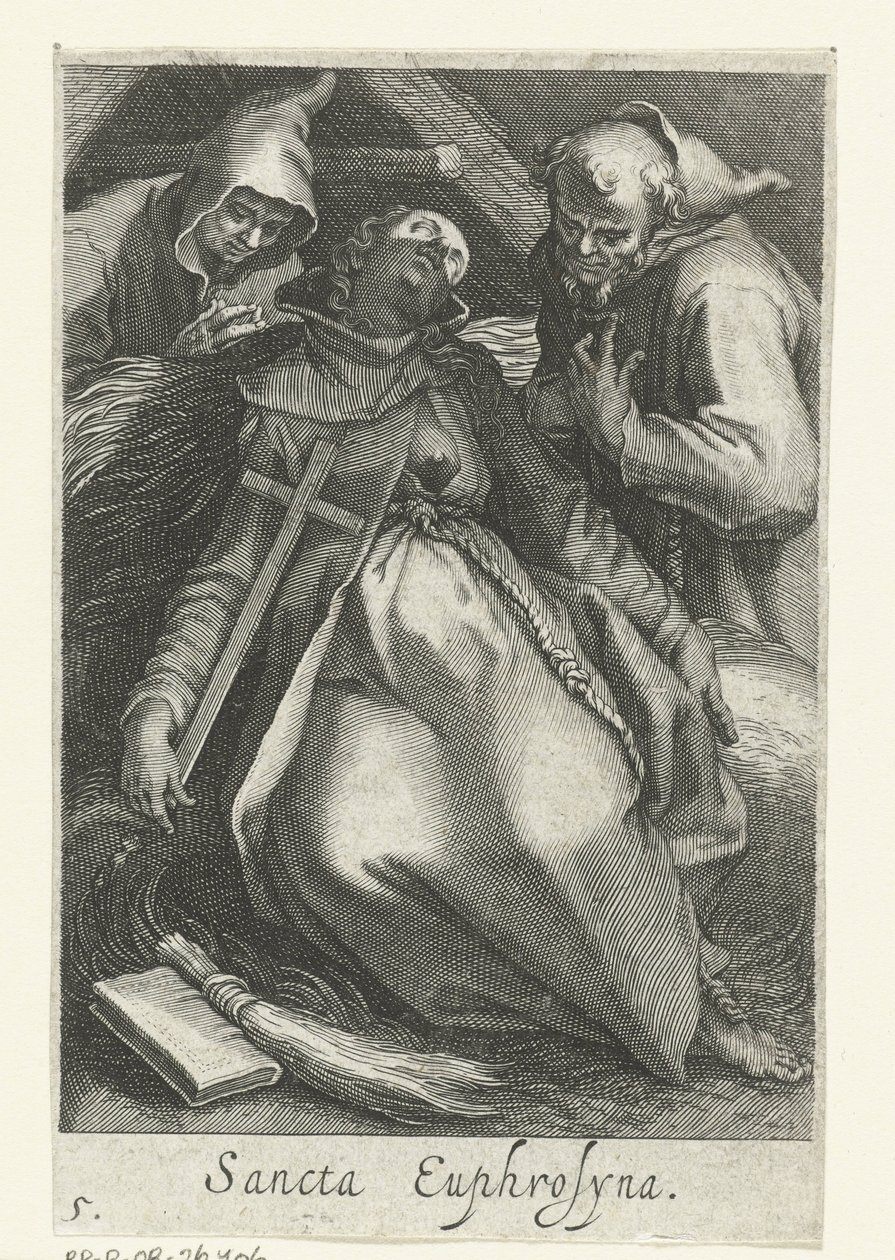 Saint Euphrosina av Alexandria som eremitinna Sancta Euphrosyna (titel på objekt) Eremitinnor (serietitel) Sacra Eremus Ascetriarum (serietitel) av Boëtius Adamsz. Bolswert