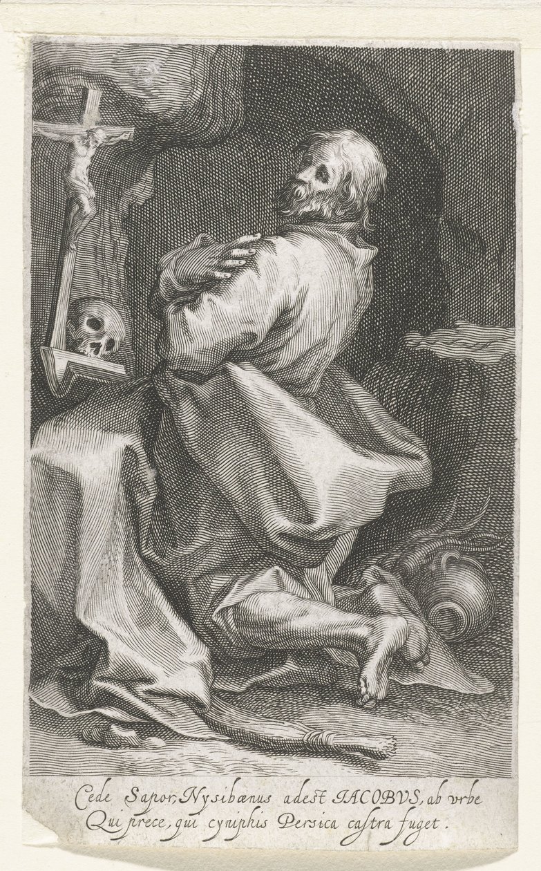 Heilige Jacobus van Nisibis als kluizenaar Cede sapor Nysibaenus (...) Persica flyr lägret (titel på objekt) Kluizenaars (serietitel) Vid den heliga spegeln (...) ger fäderna vingar (serietitel) av Boëtius Adamsz. Bolswert