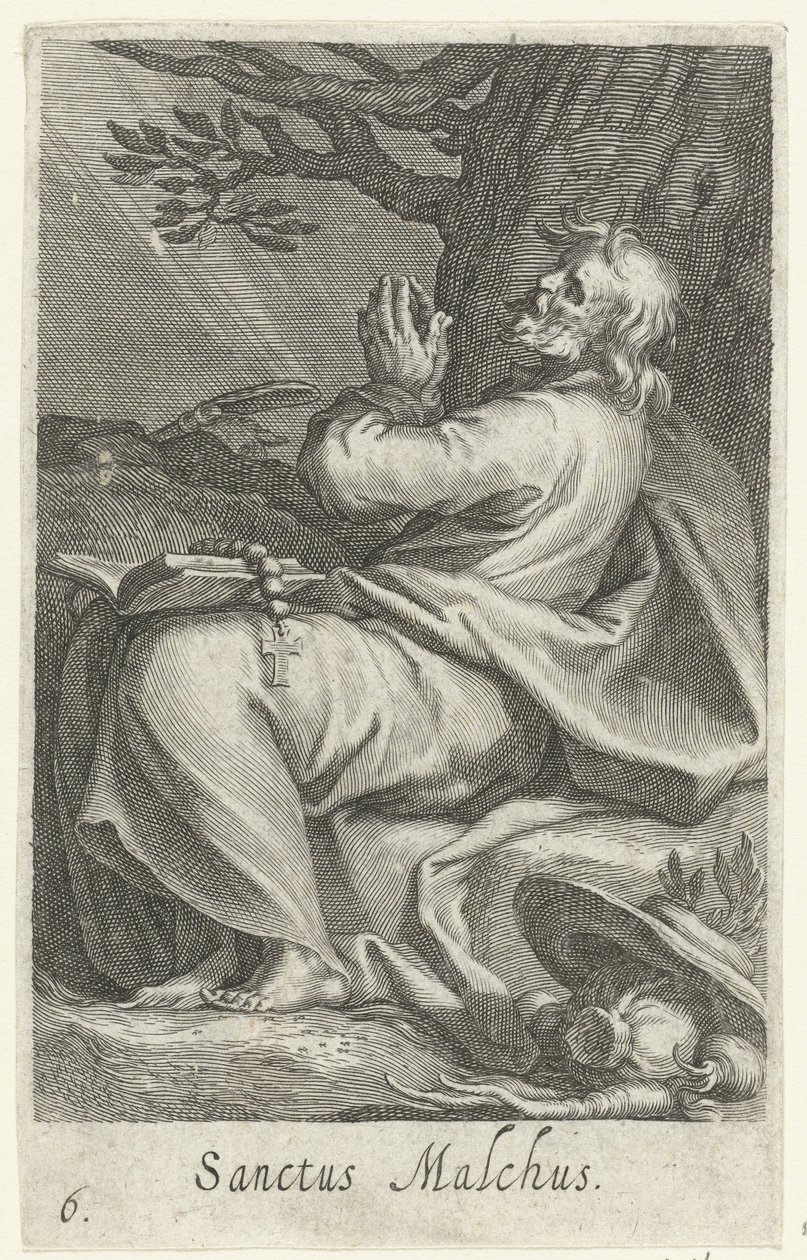 Saint Malchus av Chalcis som eremit Sanctus Malchus (titel på objekt) Eremiter (serietitel) Sacra eremvs ascetarvm (serietitel) av Boëtius Adamsz. Bolswert