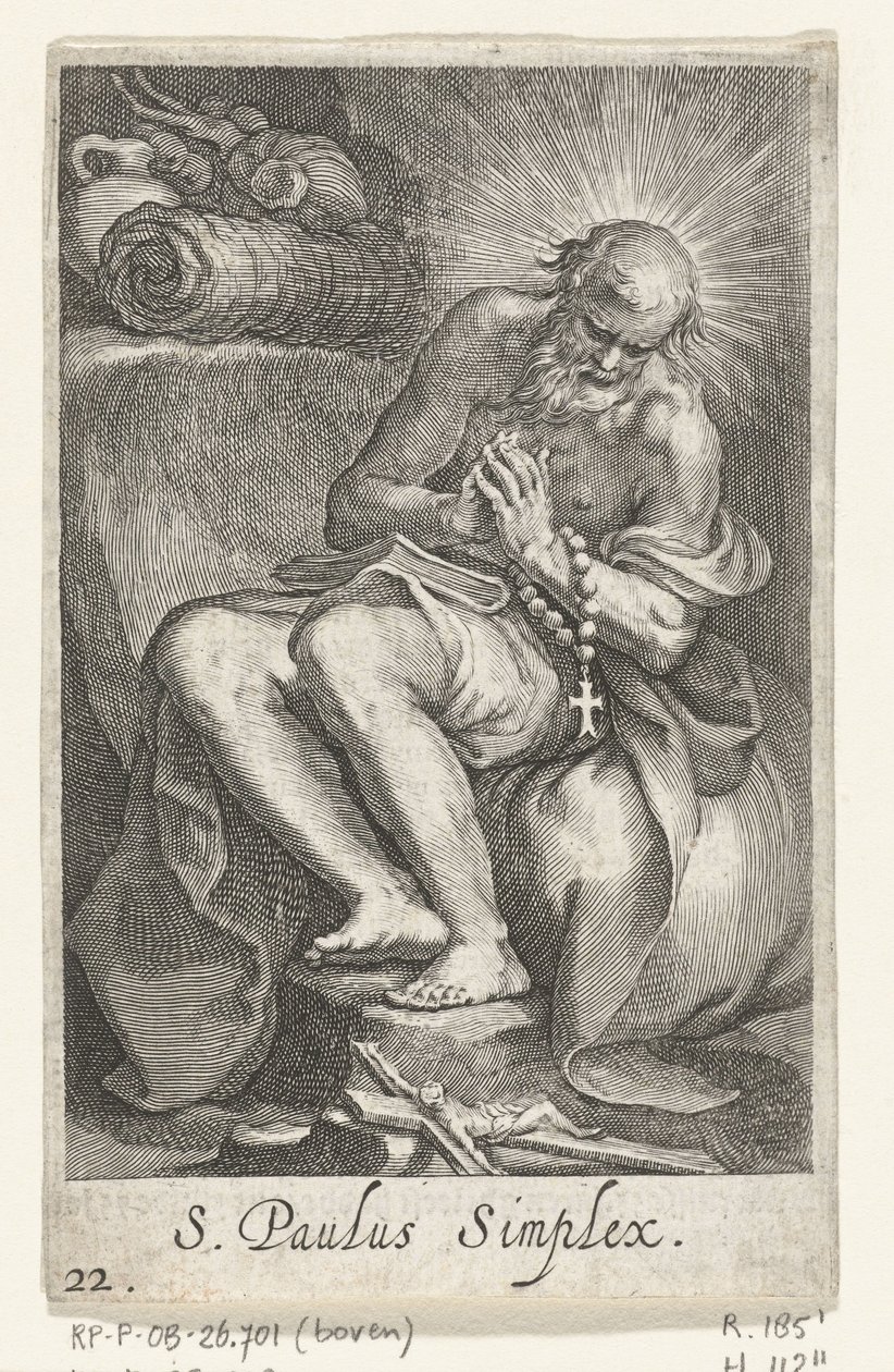 Saint Paul av Egypten som en eremit S. Paulus Simplex (titel på objekt) Eremiter (serietitel) Sacra eremvs ascetarvm (serietitel) av Boëtius Adamsz. Bolswert