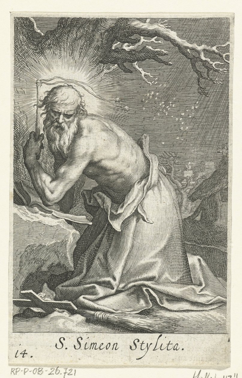 Saint Simeon stiliter den äldre som en eremit S. Simeon Stylita (titel på objekt) Eremiter (serietitel) Sacra eremvs ascetarvm (serietitel) av Boëtius Adamsz. Bolswert