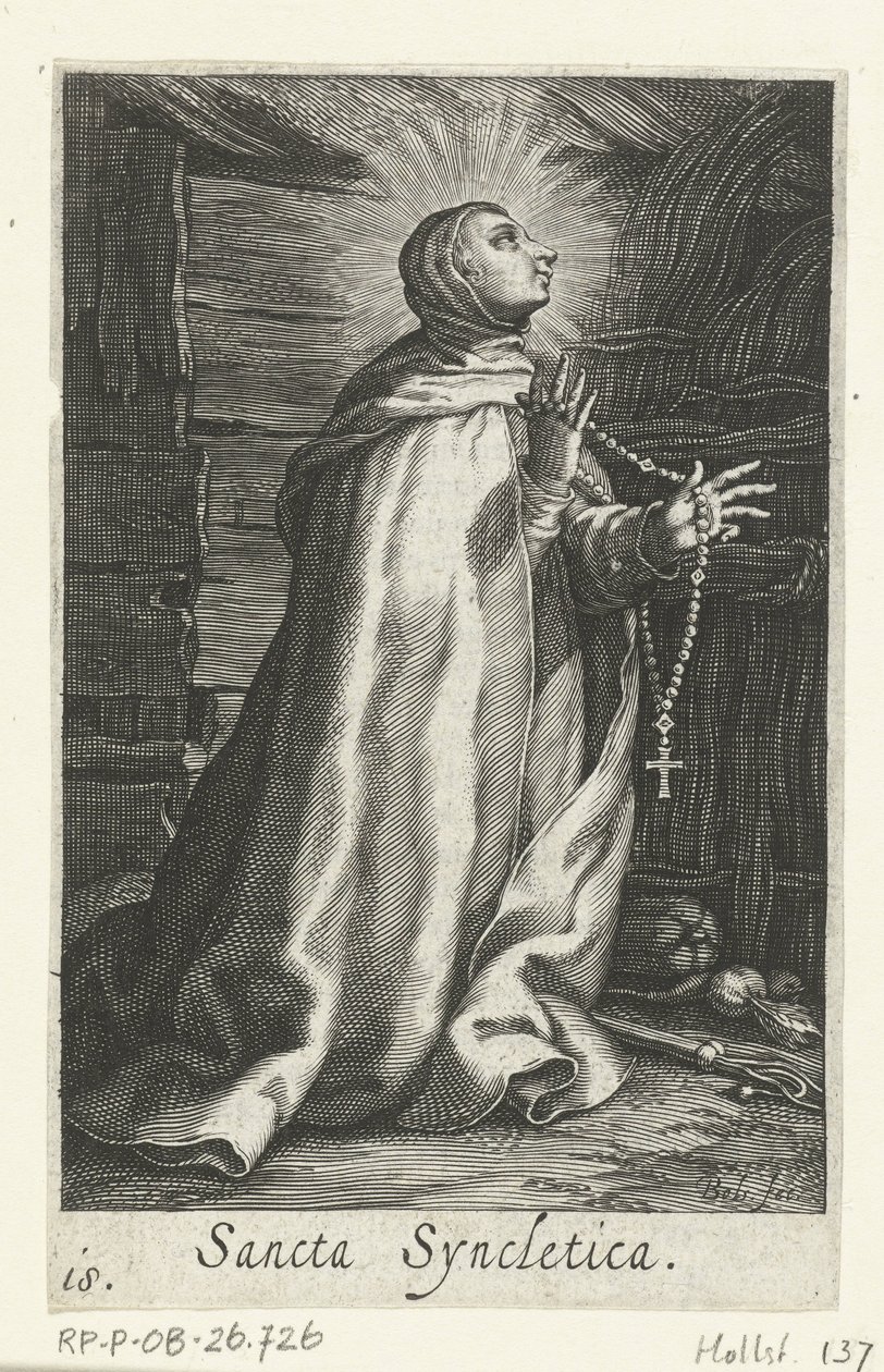 Saint Syncletica av Alexandria som eremitinna Sancta Syncletica (titel på objekt) Eremitinnor (serietitel) Sacra Eremus Ascetriarum (serietitel) av Boëtius Adamsz. Bolswert