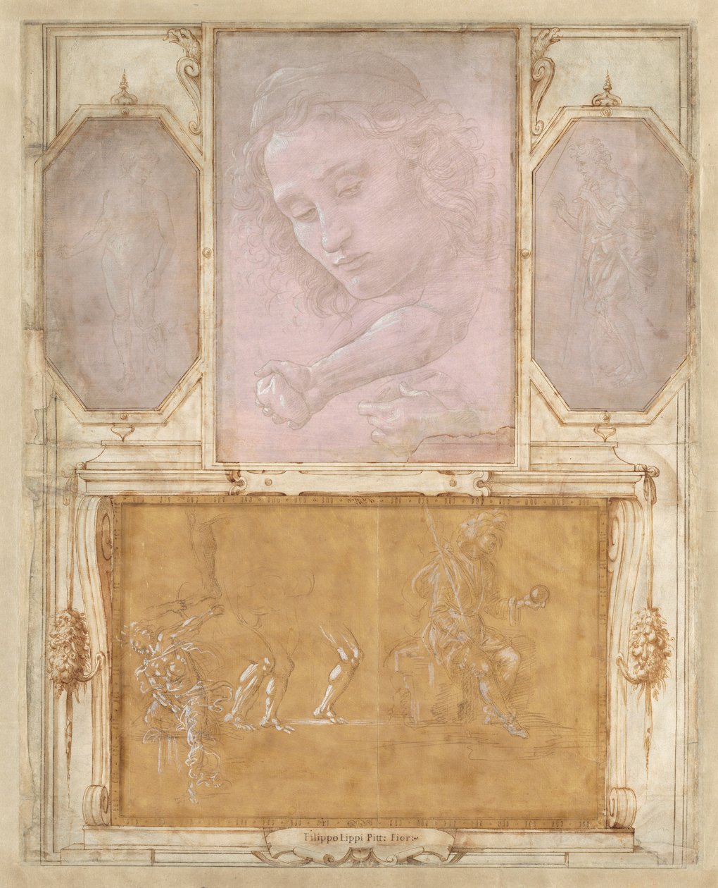 Sida från "Bok av teckningar" av Botticelli Giorgio Vasari with drawings by Filippino Lippi and Raffaellino del Garbo