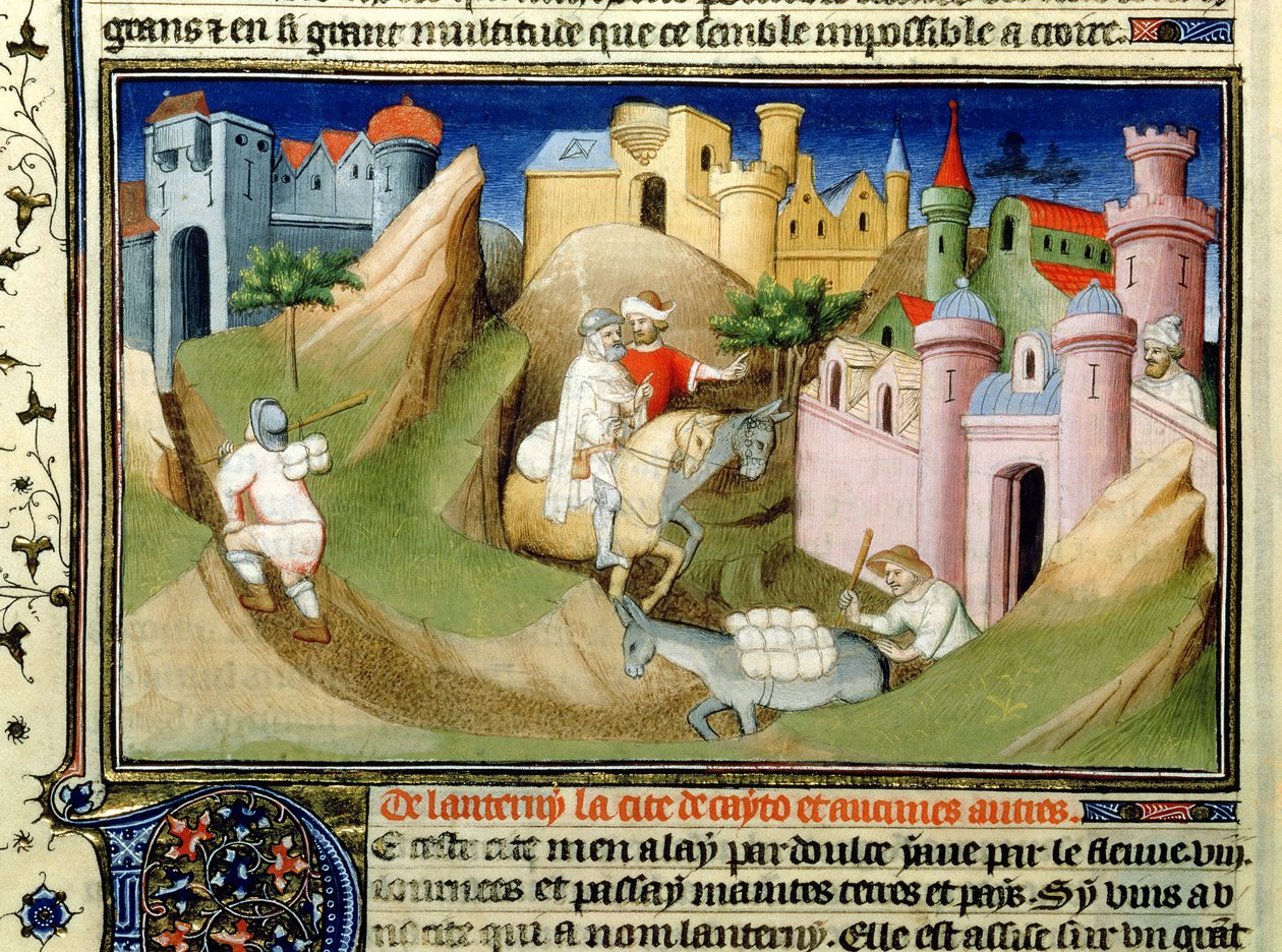 Ms Fr 2810 f.110v, Resenärer utanför Peking med Odorico de Pordenone, från Livre des Merveilles du Monde, ca 1410-12 (tempera på pergament). av Boucicaut Master