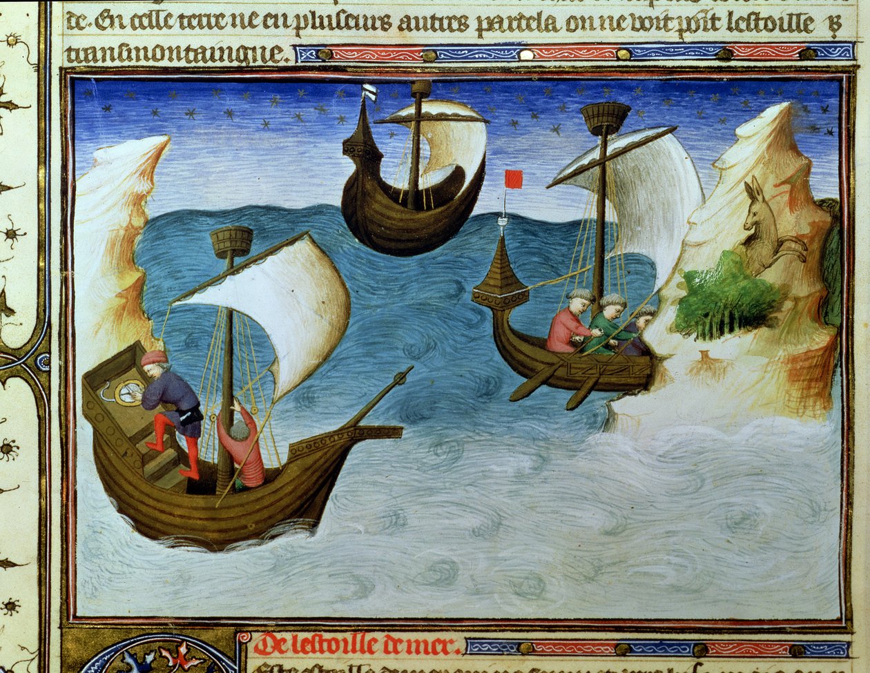 Ms Fr 2810 f.188, Navigatörer som använder ett astrolabium i Indiska oceanen, från Livre des Merveilles du Monde, ca 1410-12 (tempera på pergament). av Boucicaut Master