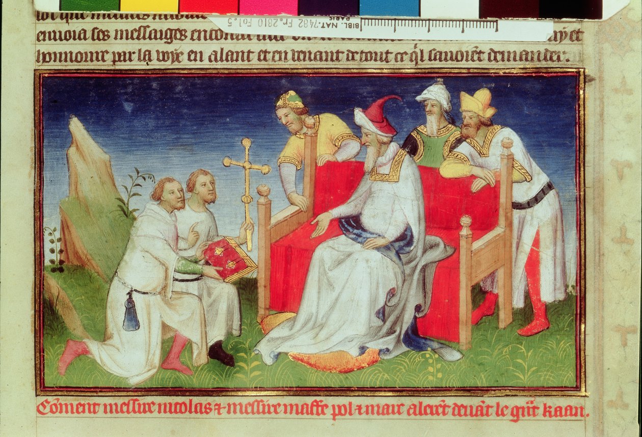 Ms Fr 2810 f.5, Nicolo och Marco Polo inför den store khan, från Livre des Merveilles du Monde, ca 1410-12 (tempera på pergament). av Boucicaut Master