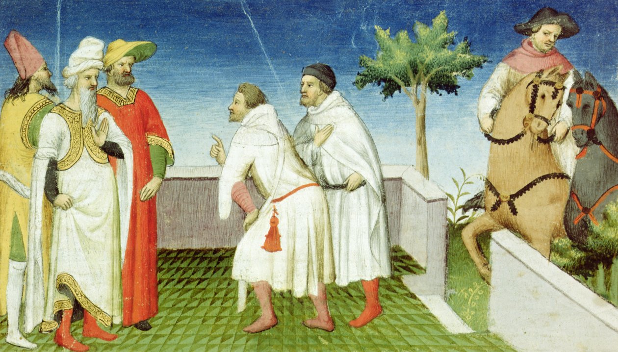 Ms Fr 2810 f.6, Nicolo, Marco och Matteo Polo tar avsked av den store khanen, Livre des Merveilles du Monde, ca 1410-12 (tempera på pergament). av Boucicaut Master