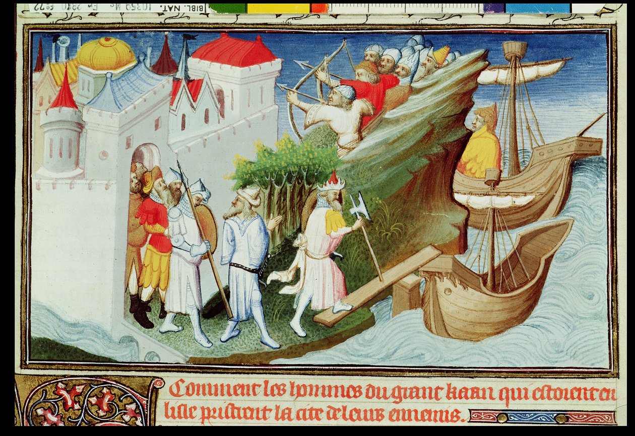 Ms Fr 2810 f.72, Den store khans soldater intar ön Sypangu, från "Livre des Merveilles du Monde", ca 1410-12 (tempera på pergament) (se även 220421). av Boucicaut Master