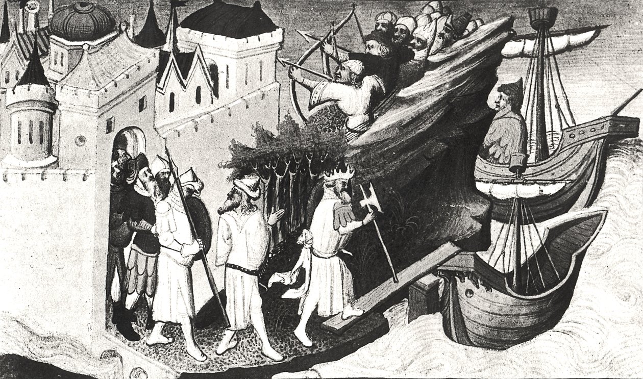 Fr 2810 f.72, The Great Khans soldater tar ön Sypangu, från Livre des Merveilles du Monde, c.1410-12 (tempera på veläng) (se även 176644) av Boucicaut Master