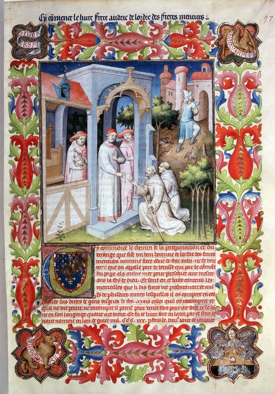 Fr 2810 f.97, Odorico da Pordenone och James av Irland tar avsked av påven Johannes XXII, från 