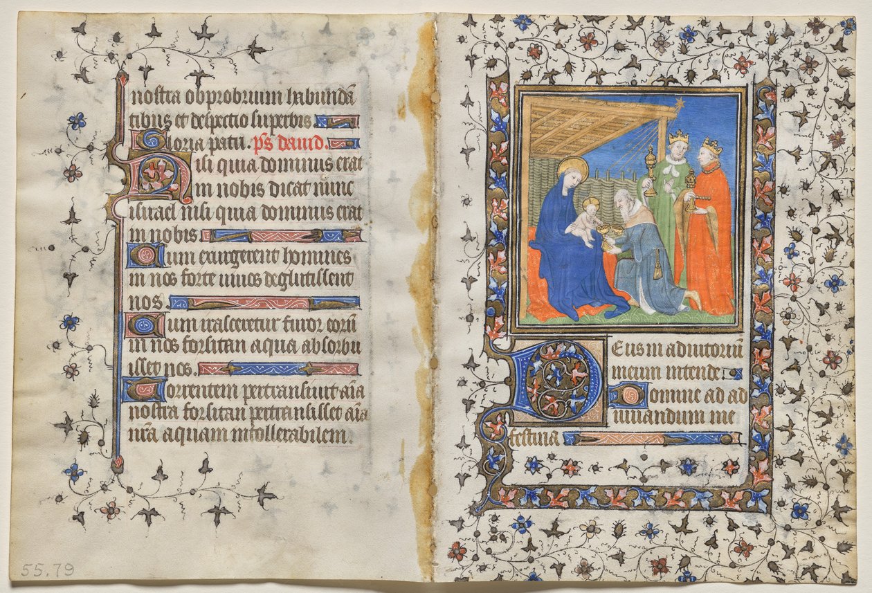 Bifolio från en timbok: De tre vise männens tillbedjan (recto) av Boucicaut Master