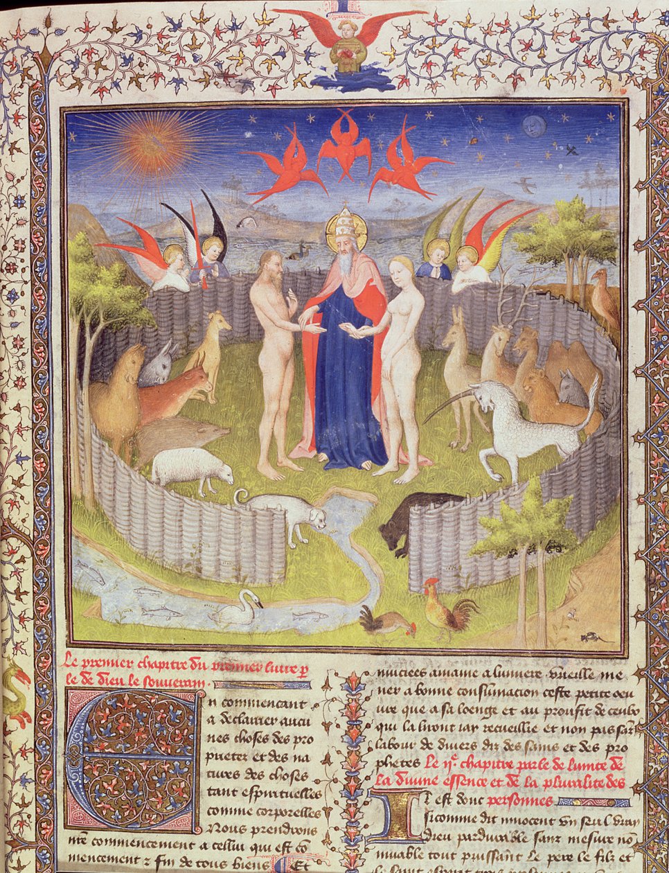 Ms 251, f.16r: Adams och Evas äktenskap från Des Proprietes De Choses, c.1415 bladguld, guldbläck & tempera på pergamentdetalj av 276966 av Boucicaut Master