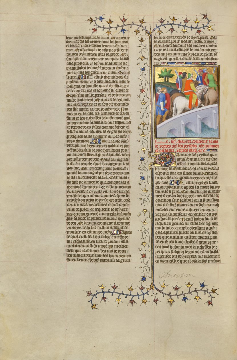 Xerxes, persernas kung, korsar en bro med sin armé av Boucicaut Master