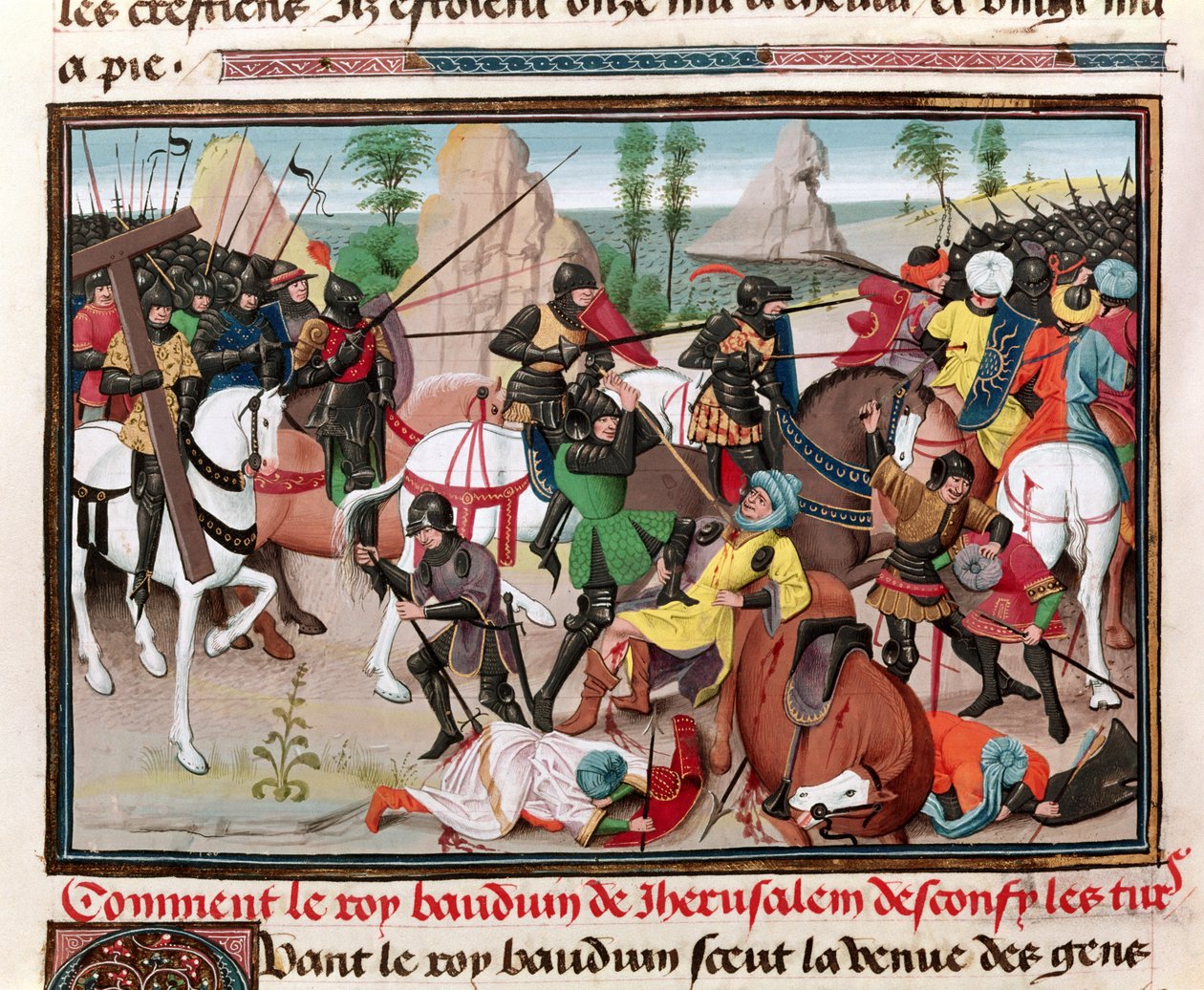 Ms 5089-90 Slaget mellan kung Baldwin I (ca 1058-1118) och turkarna, från Chroniques des empereurs av David Aubert, 1462 av Brabant School