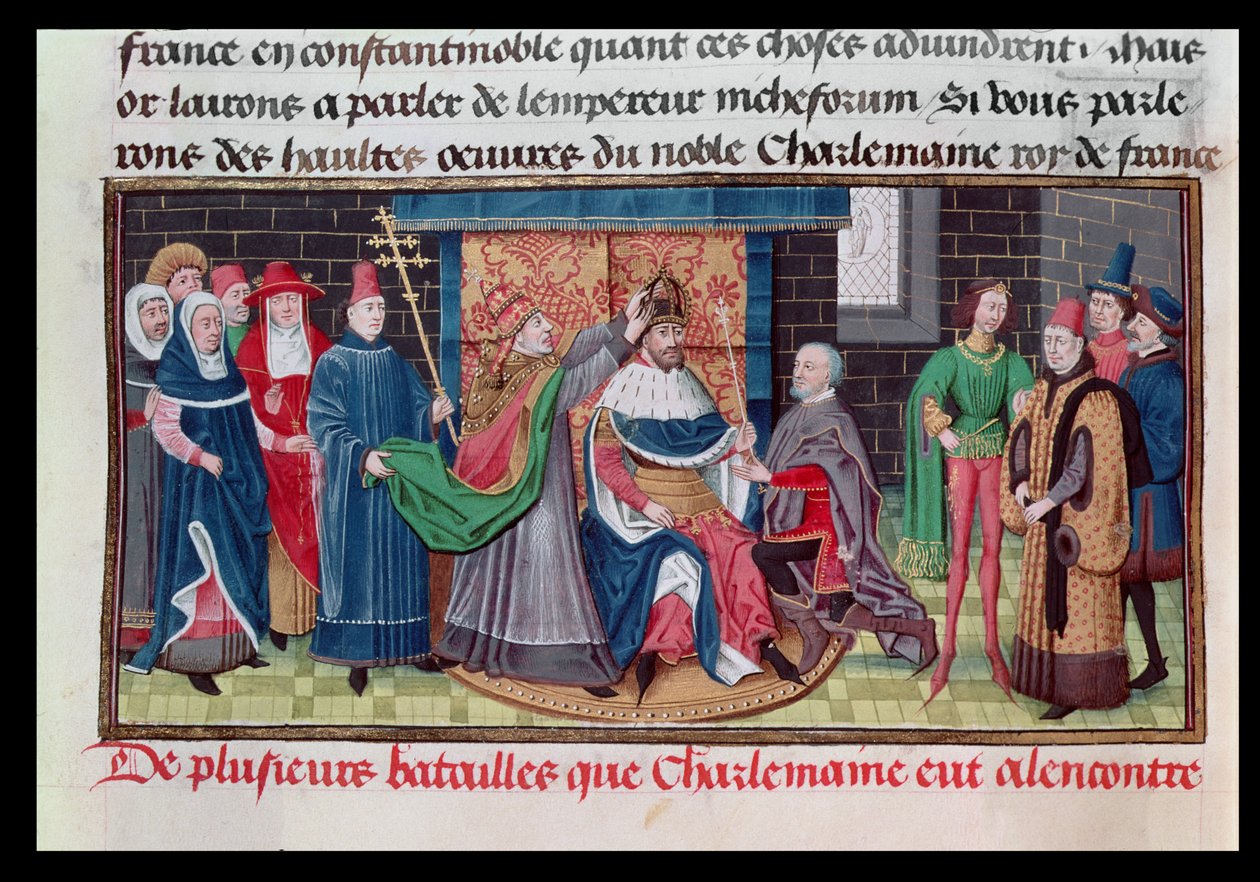 Ms 5089-90 The Coronation of Emperor Charlemagne (747-814) av påven St. Leo III (d.816) på julafton 800 AD, från Chroniques des Empereurs av David Aubert, 1462 av Brabant School