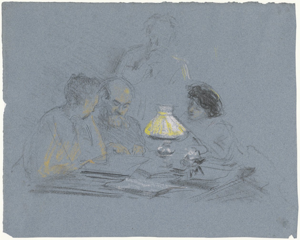 A. Grandmont och tre figurer, läser med lampljus av Bramine Hubrecht