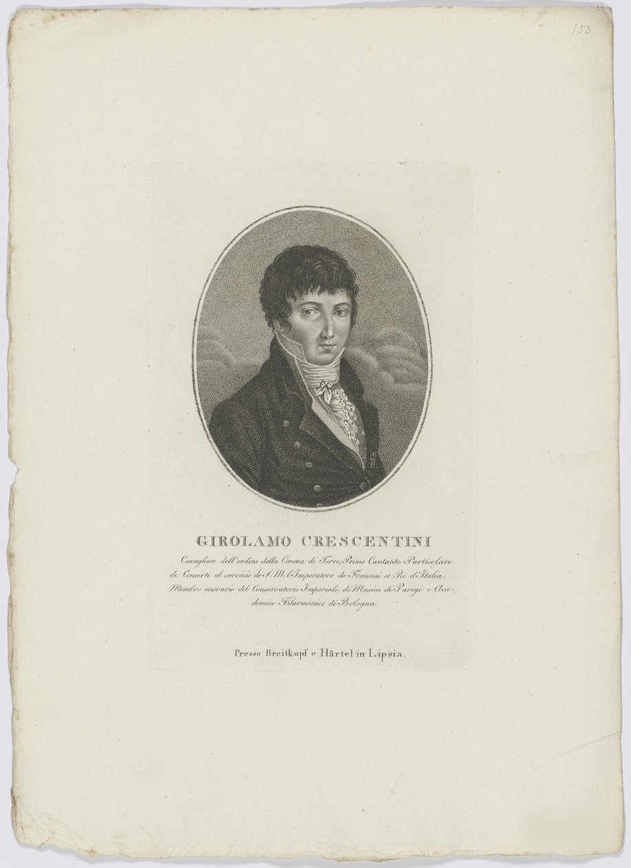 Porträtt av Girolamo Crescentini 1762-1846, efter 1800. av Breitkopf and Härtel
