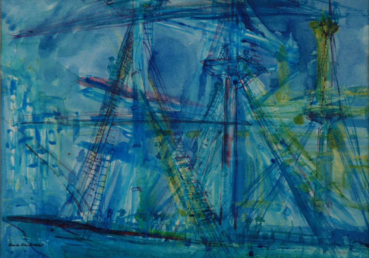 Blue Schooner (penna och bläck med wc på papper) av Brenda Brin Booker