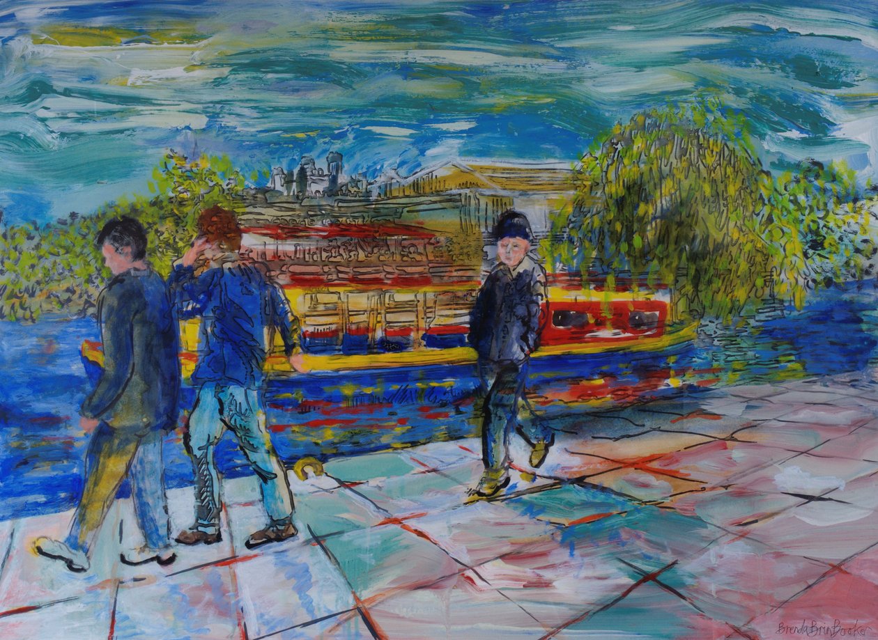 Boys on the Towpath (akryl på papper) av Brenda Brin Booker