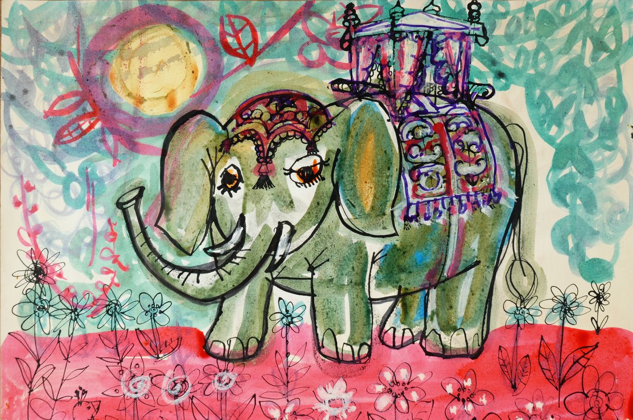 Elephant (akrylaffischfärg och färgat bläck) av Brenda Brin Booker