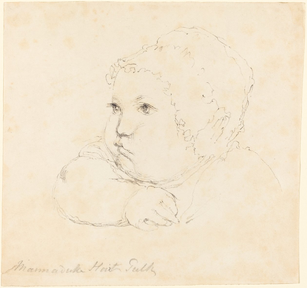 Huvud av ett barn i en mössa av British 18th Century after John Flaxman