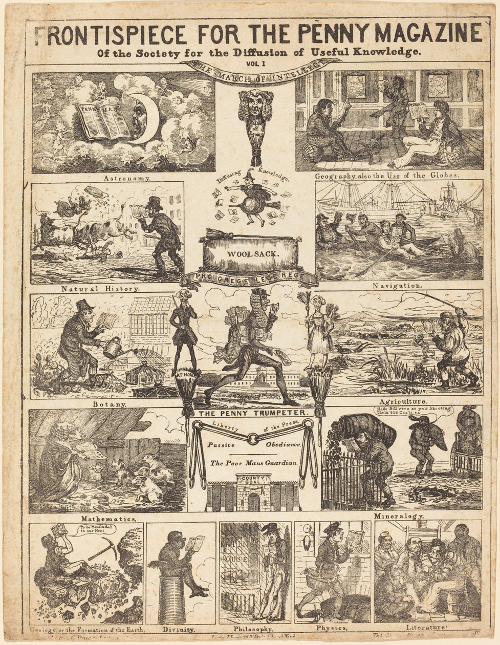 Frontispice för Penny Magazine of the Society for the Diffusion of Knowledge: Vo av British 19th Century