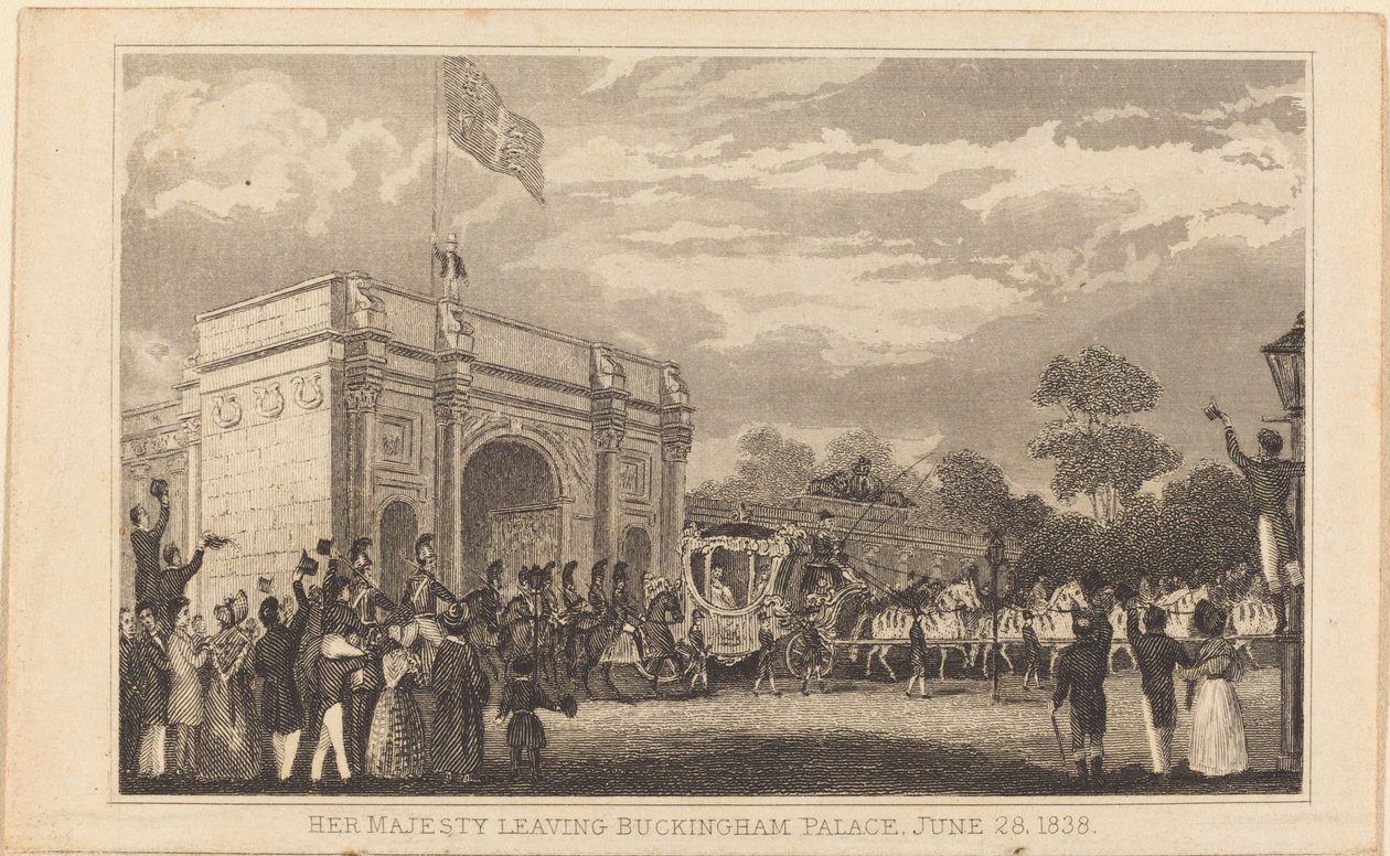 Hennes Majestät lämnar Buckingham Palace, 28 juni 1838 [vänster halva] av British 19th Century