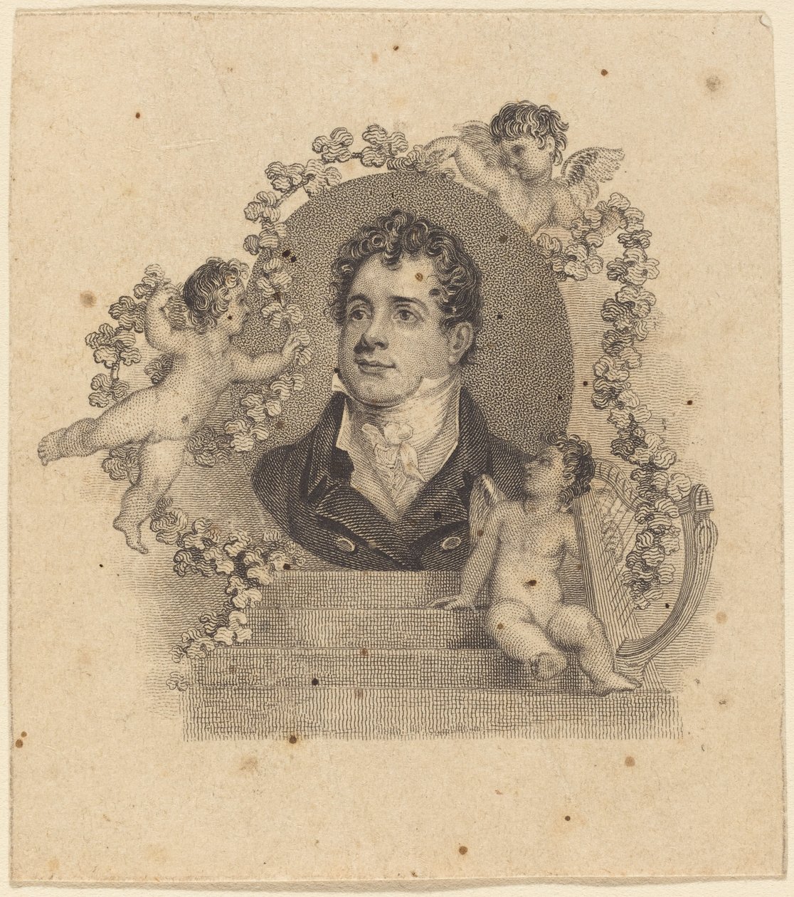 Porträtt av en ung gentleman omgiven av amoriner; Lord Byron? av British 19th Century