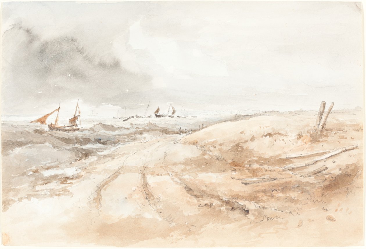 Strandscen med båtar i hackigt vatten av British 19th Century