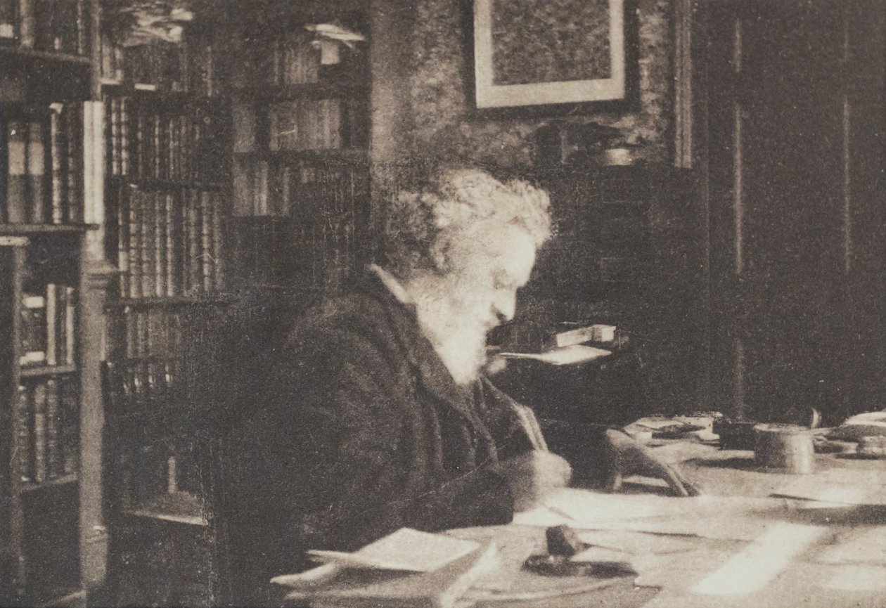 Boksamlaren William Morris i sitt bibliotek i Kelmscott House, Hammersmith av British Photographer