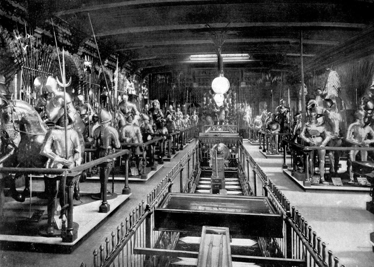 Henry VIII Horse Armoury, halshuggningsyxan och blocket, Tower of London, 1890 av British Photographer