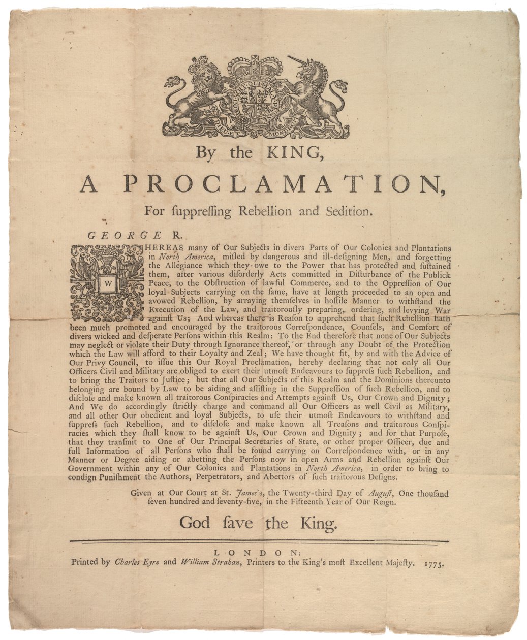 A Proclamation, for suppressing rebellion..., 23 augusti 1775 av British School