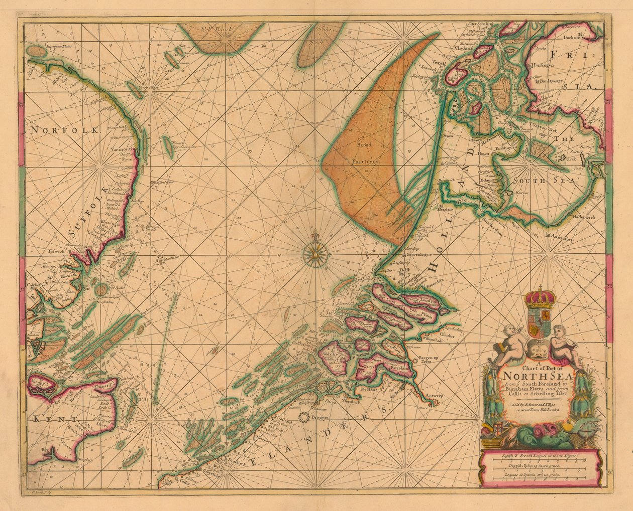 Ett sjökort över Nordsjön från South Foreland till Burnham Flatts och från Callis till Schelling Isle, ca 1700 (kolorerad gravyr) av British School