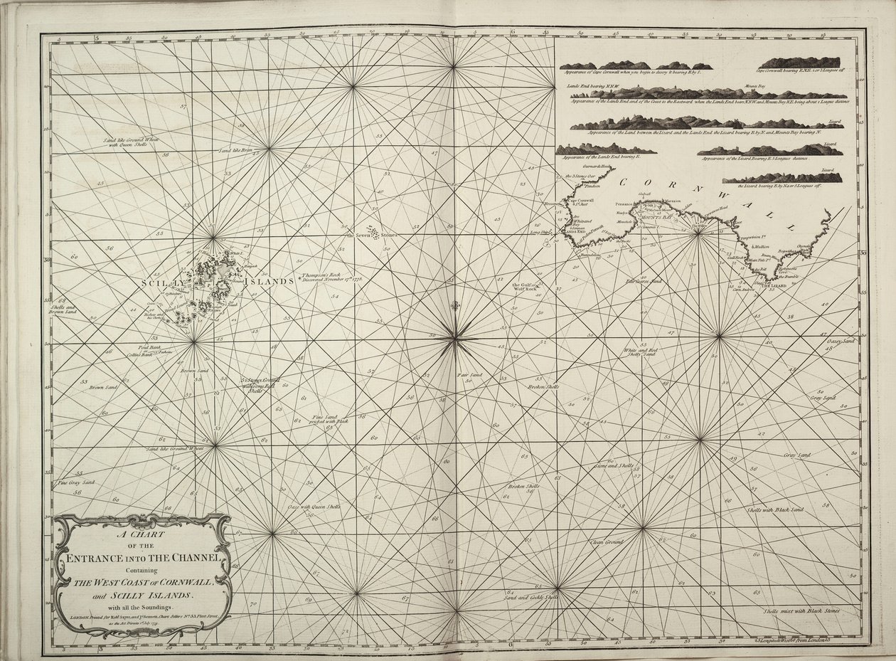 Ett sjökort över inloppet till Engelska kanalen med Cornwalls och Scillyöarnas västkust med alla sonderingar av British School