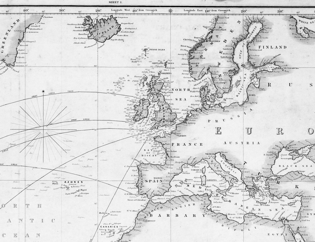 Ett allmänt sjökort i syfte att pricka av fartygens kurs från England söderut och runt jorden (detalj) av British School