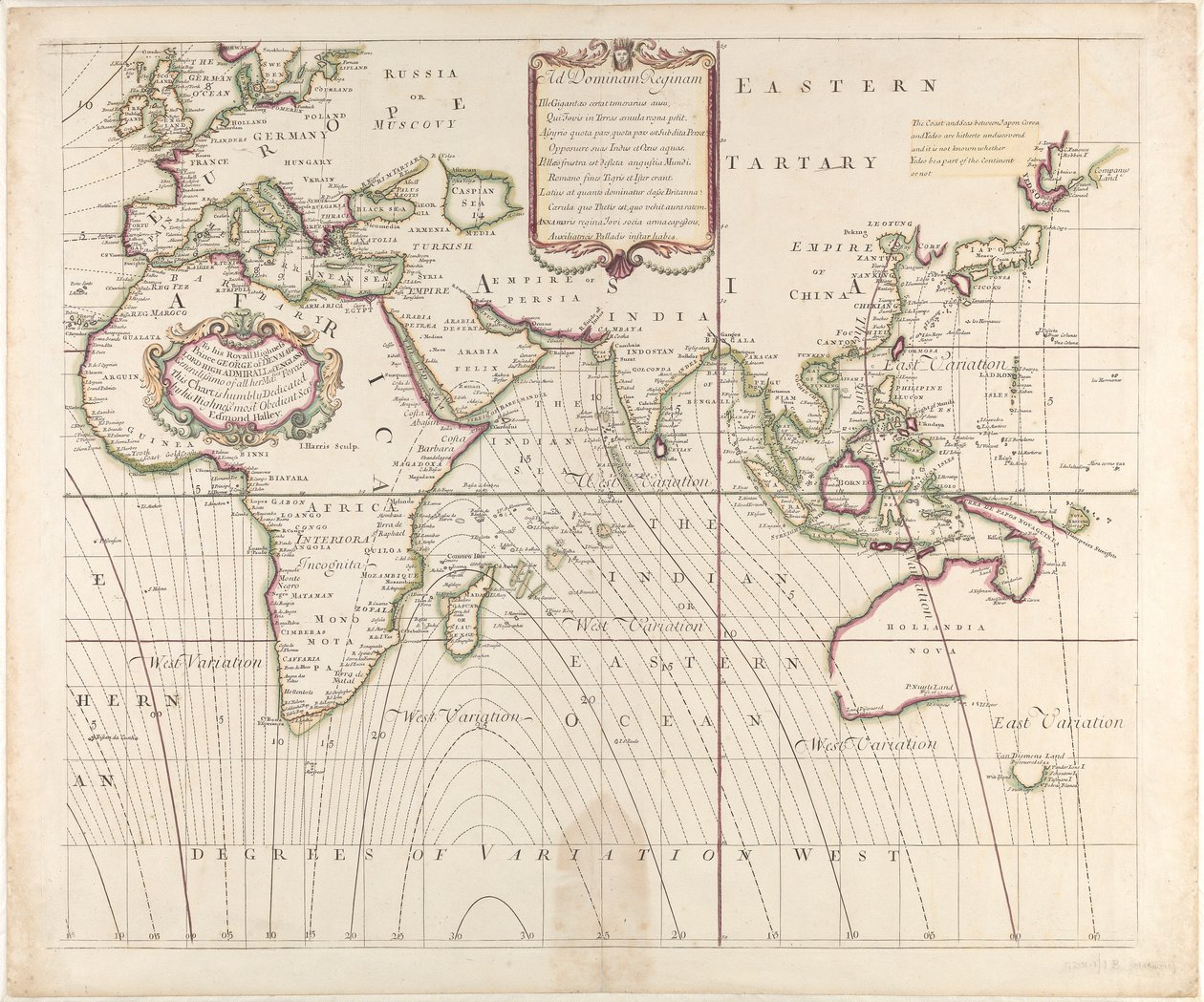 Ett nytt och korrekt sjökort över hela världen som visar kompassens variationer som de fanns år 1700 av British School