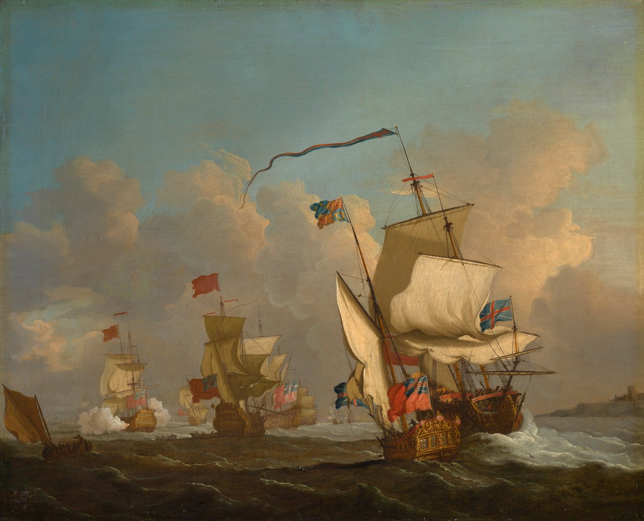 En kunglig yacht med en flotta på väg ut i en bris, ca 1720 (olja på duk) av British School