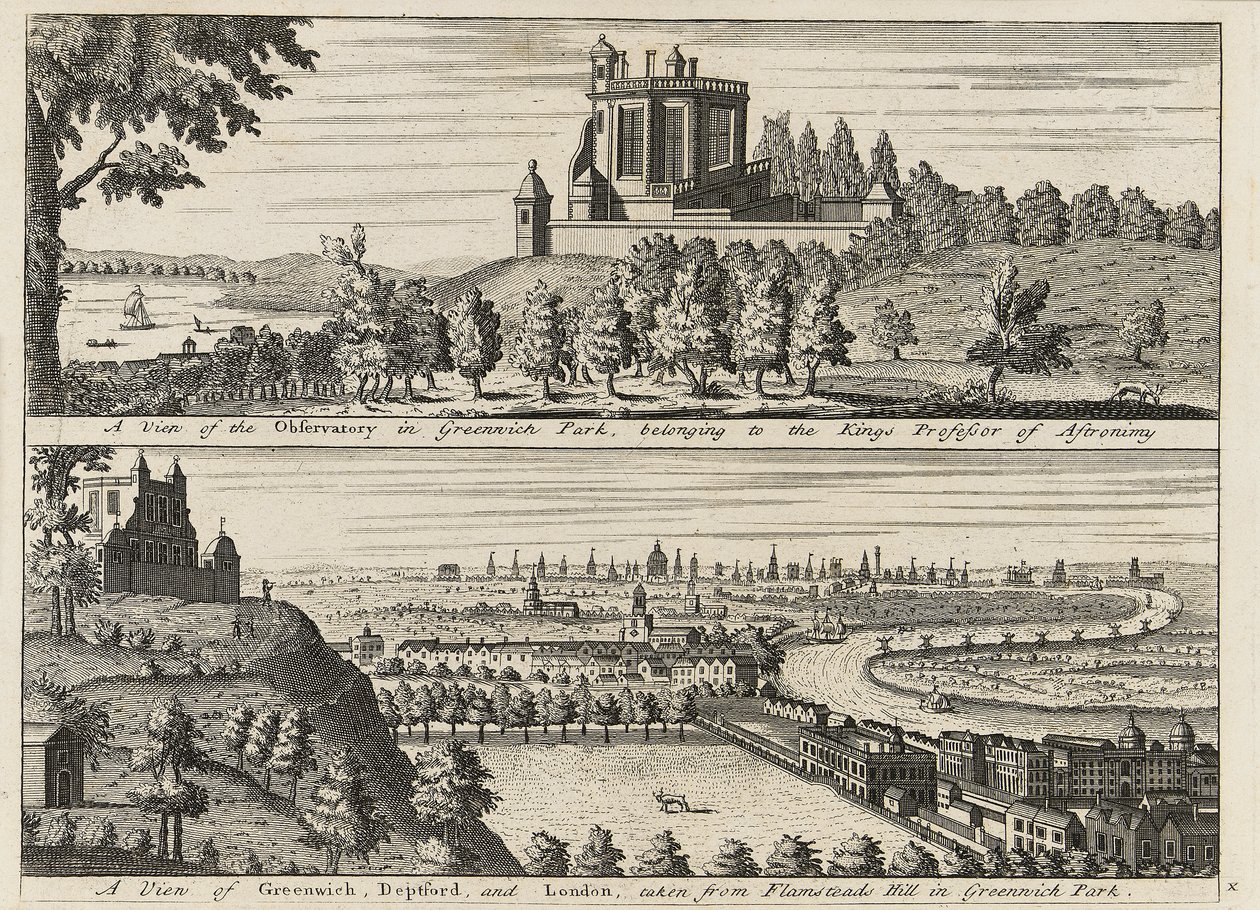"En vy över observatoriet i Greenwich Park ...[och] En vy över Deptford och London tagen från Flamsteed Hill i Greenwich Park", ca 1750 (gravyr) av British School