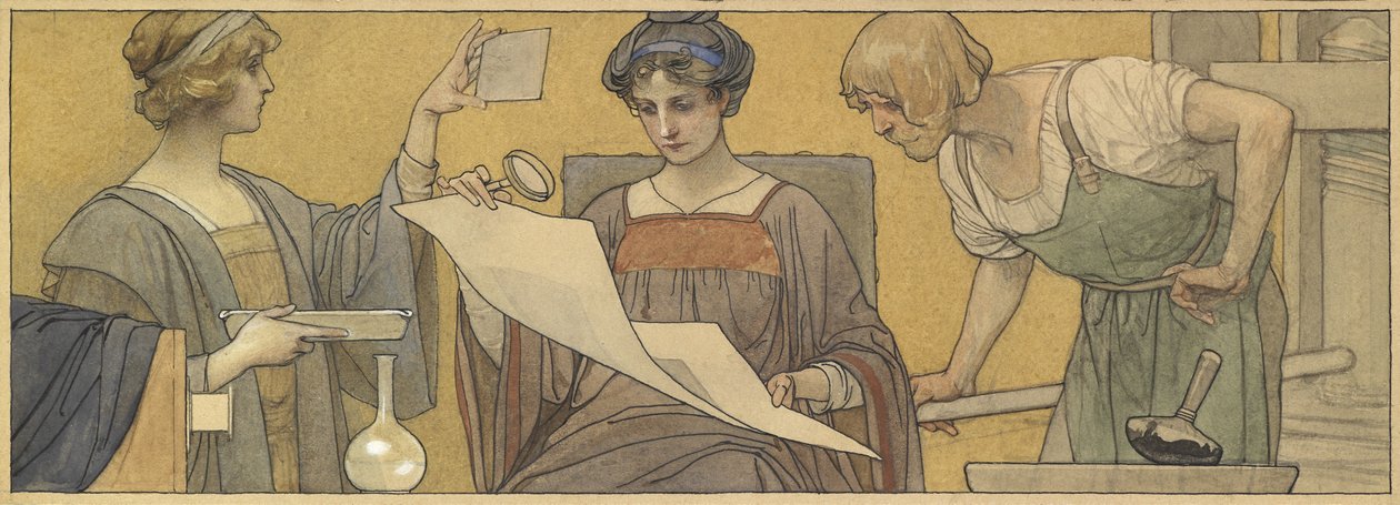 An Allegory of Printing and Photography (akvarell med kroppsfärg och penna och bläck på papper) av British School