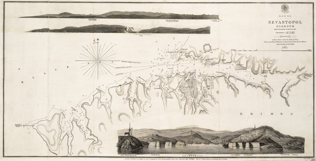 Svarta havet Sevastopols hamn från den ryska lantmäteriförrättningen 1836 av British School