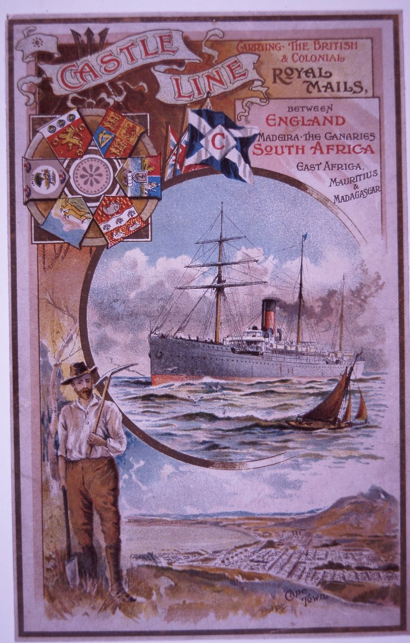Castle Line-häfte med lista över passagerare på Tantallon Castle som seglade från Kapstaden till London 1898 (färg litho) av British School