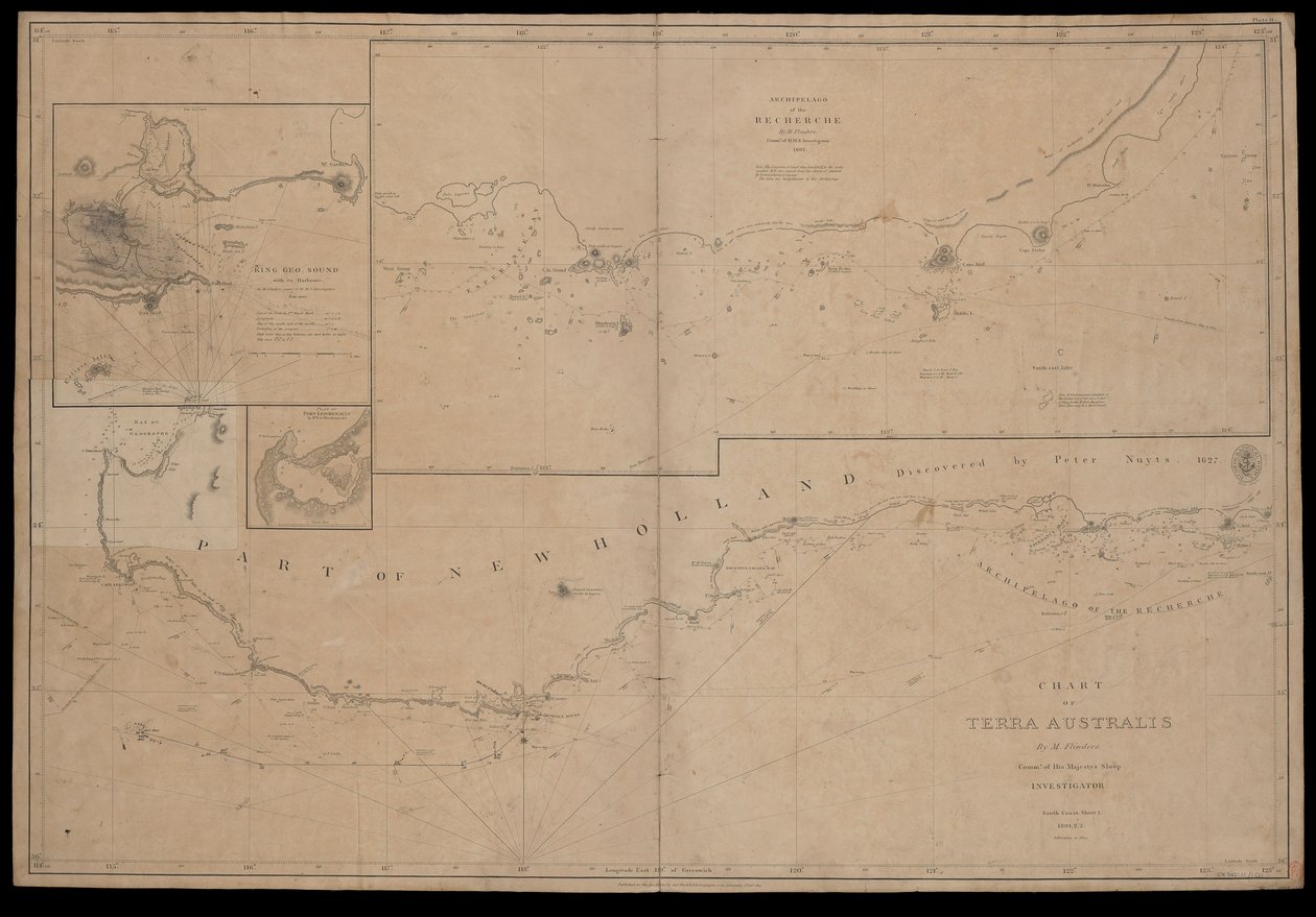 Karta över Terra Australis av M Flinders, befälhavare på Hans Majestäts slup "Investigator". Sydkusten Blad I 1801 av British School
